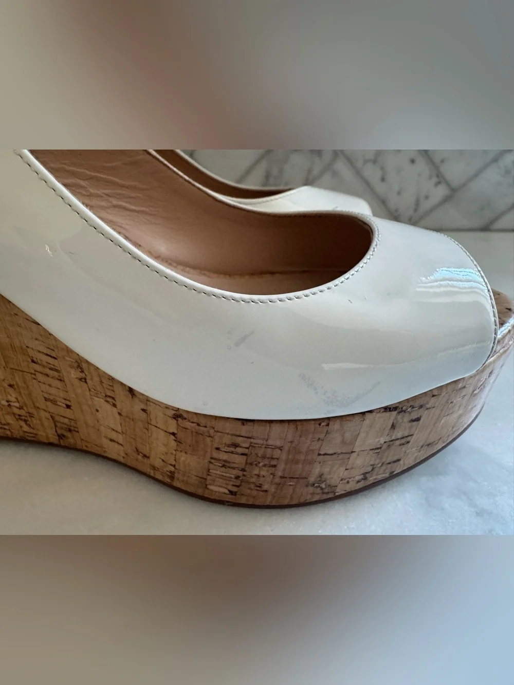 Stuart Weitzman White Patent Cork Platform Wedge Slingbacks 8.5 - Picture 9 of 15
